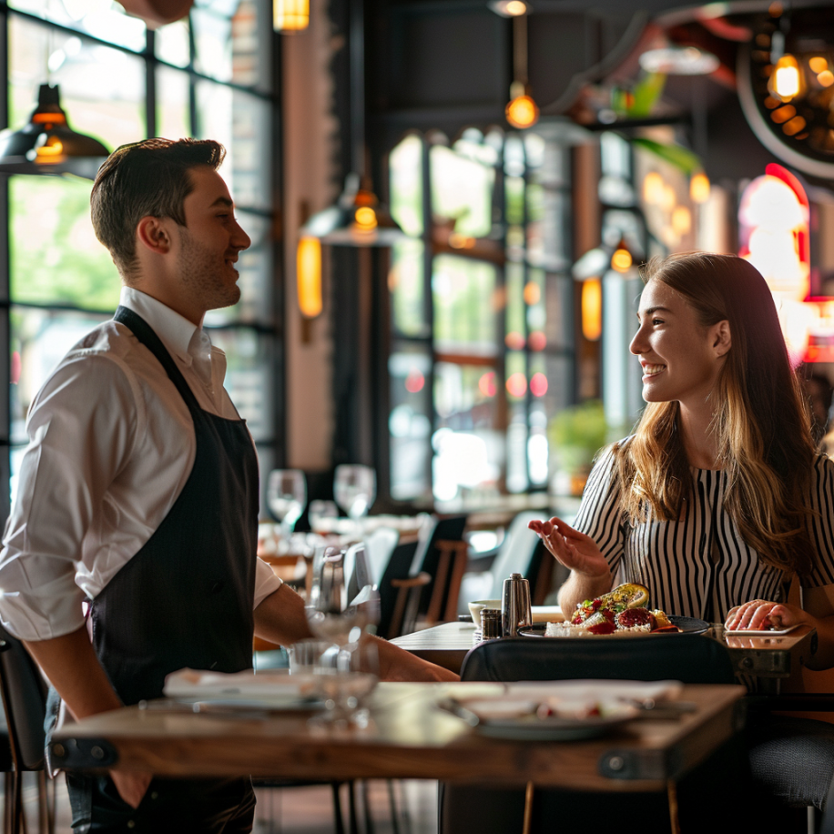 A woman talking to a waiter in a restaurant | Source: Midjourney