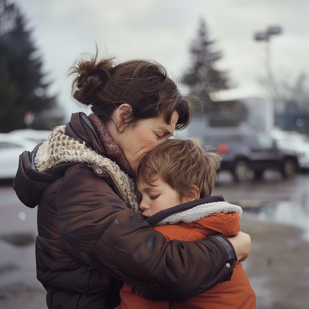 William's mother hugging him in the parking lot | Source: Midjourney