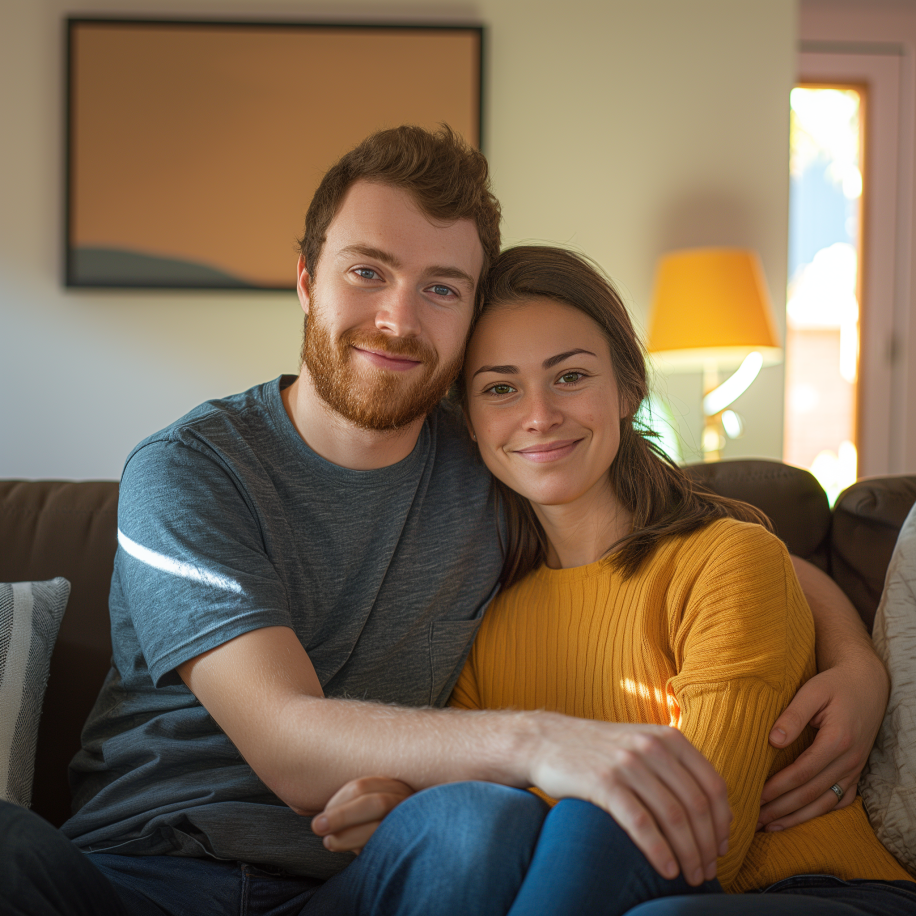 A loving couple sitting on the sofa | Source: Midjourney