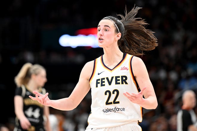 Caitlin Clark reacts to a call in the fourth quarter against the Washington Mystics.