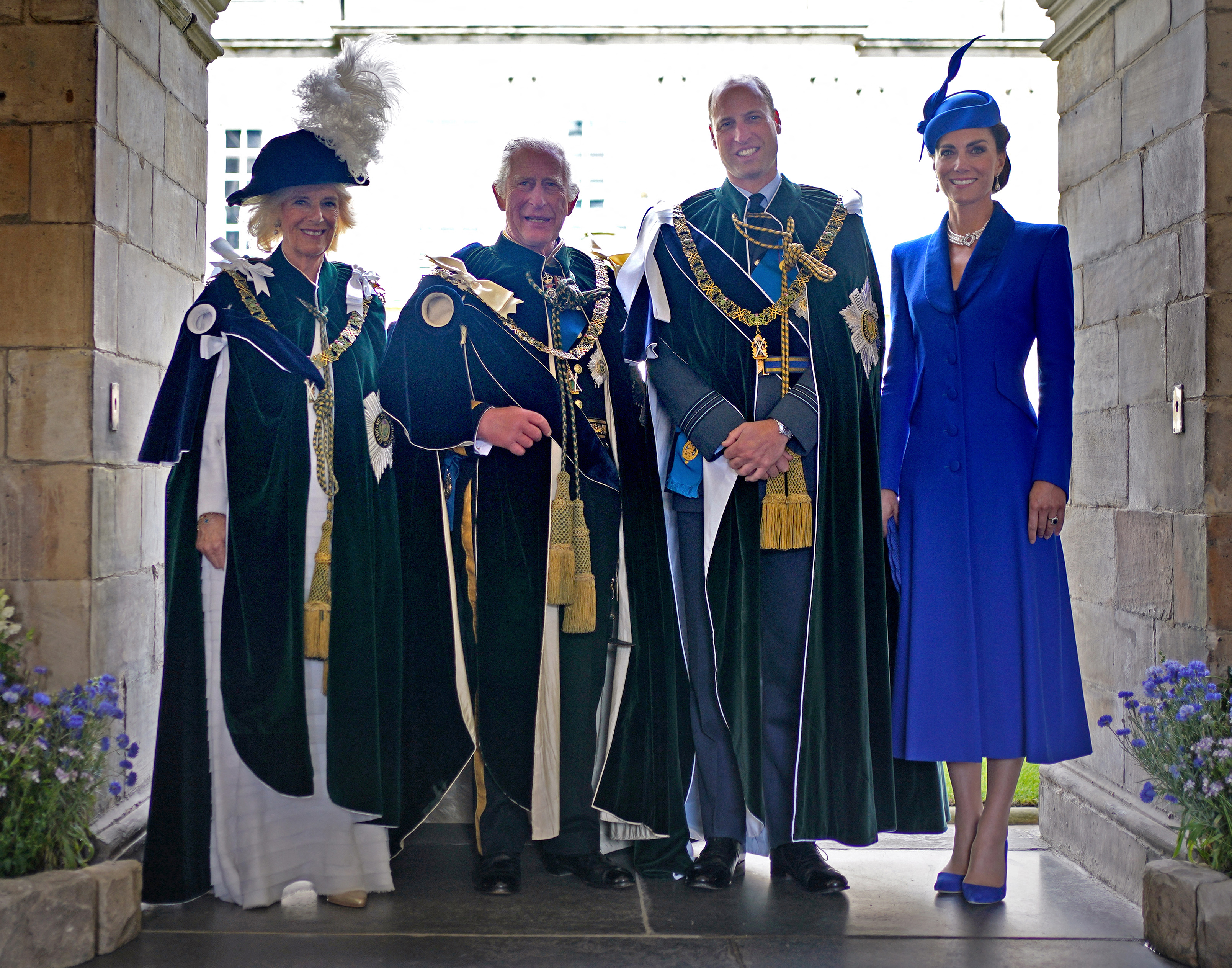 Queen Camilla, King Charles III, Prince William, and Princess Catherine after watching a fly-past by the British Royal Air Force's (RAF) aerobatic team from the Palace of Holyroodhouse, in Edinburgh, Scotland on July 5, 2023 | Source: Getty Images