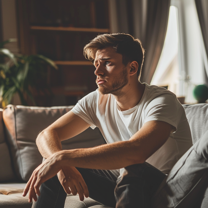 A depressed man sitting alone on a couch | Source: Midjourney