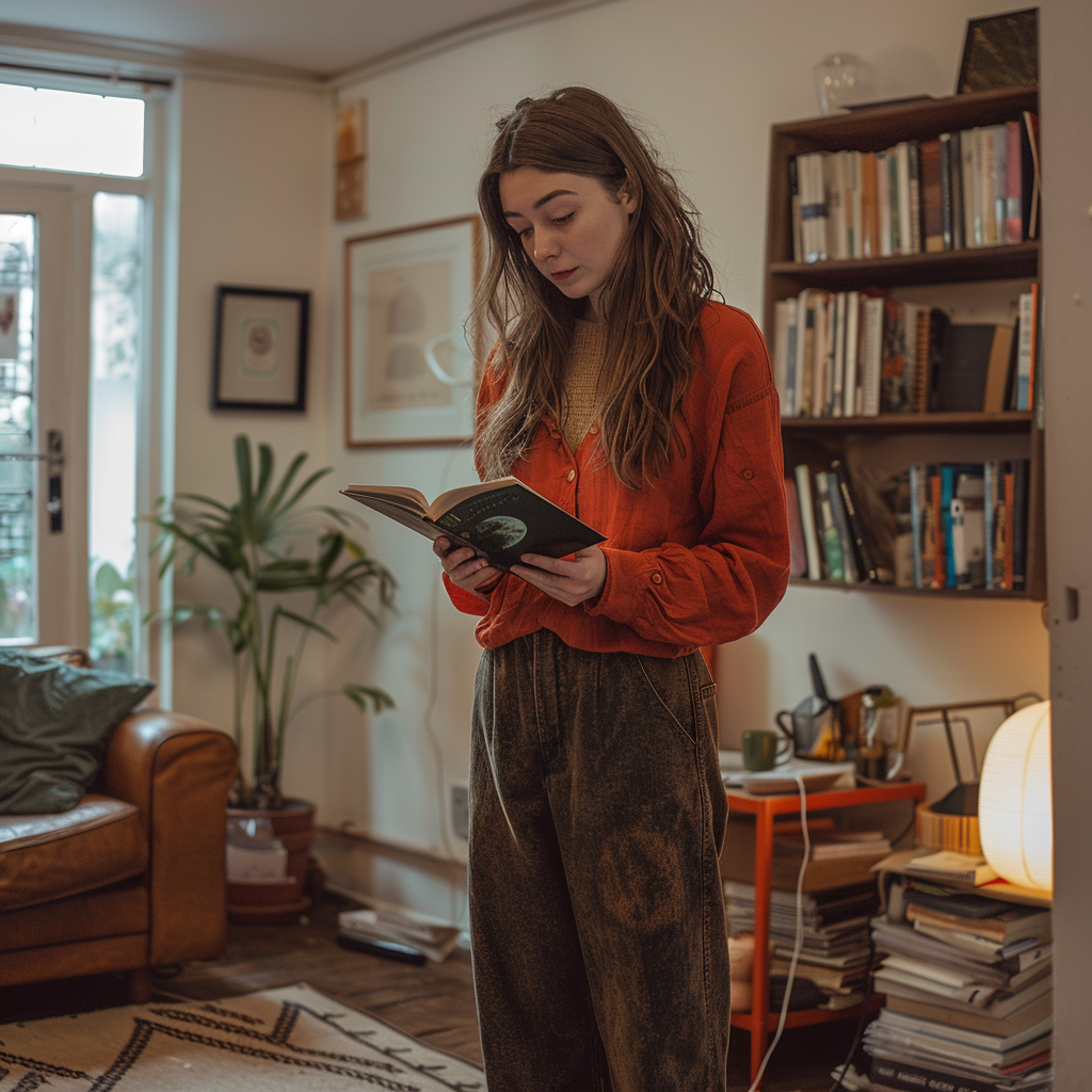 A young woman standing with a book | Source: Midjourney