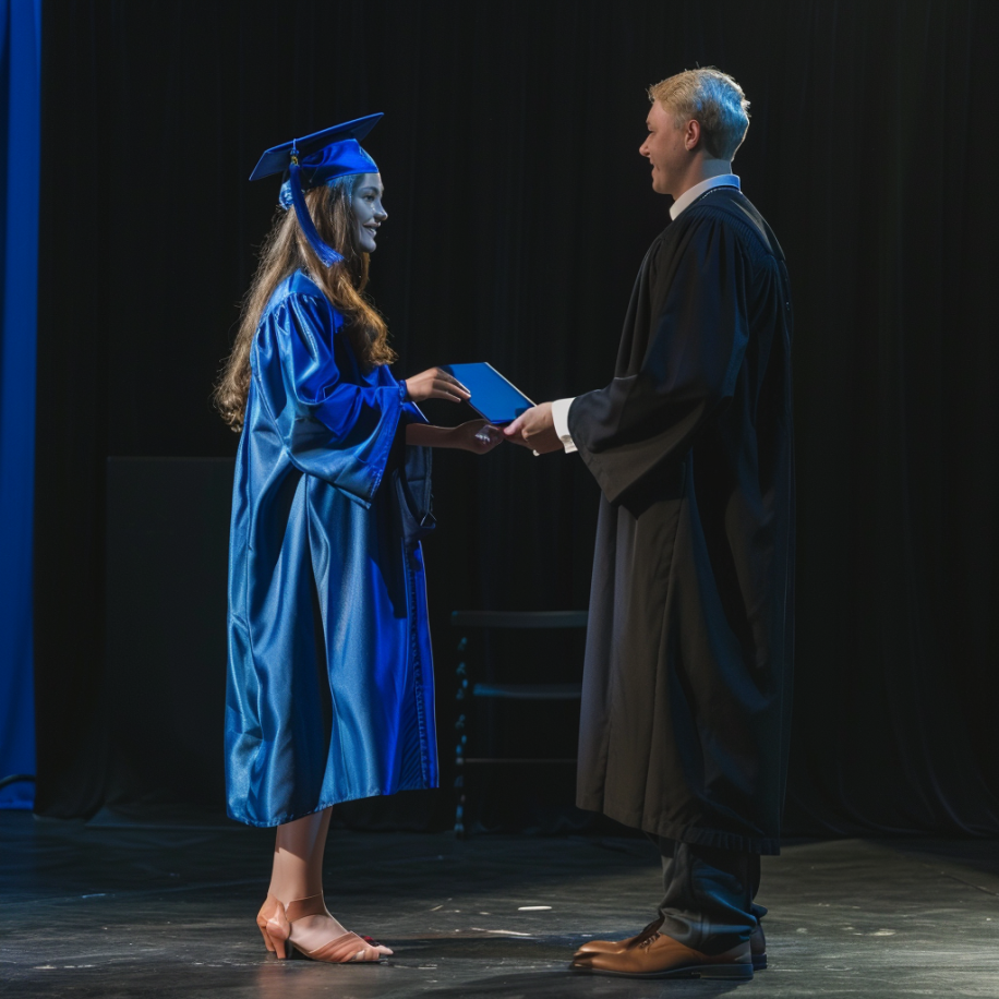 A young woman receiving her high school diploma from the principal | Source: Midjourney