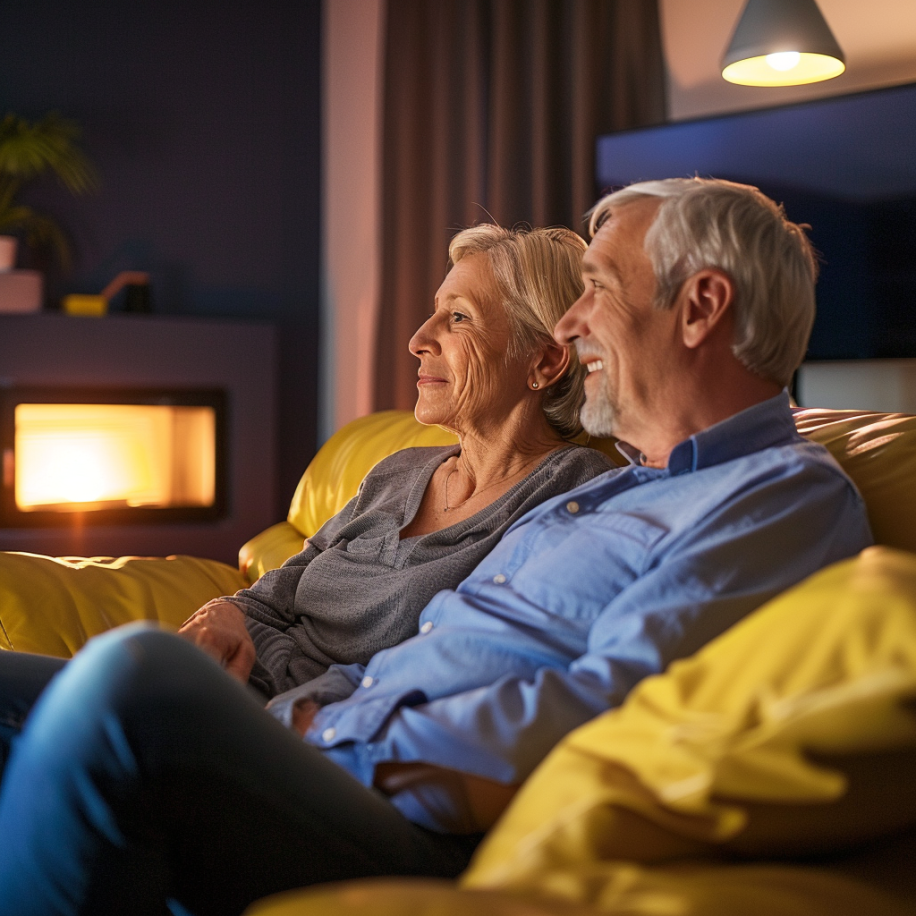 An elderly couple sitting on the couch at home | Source: Midjourney