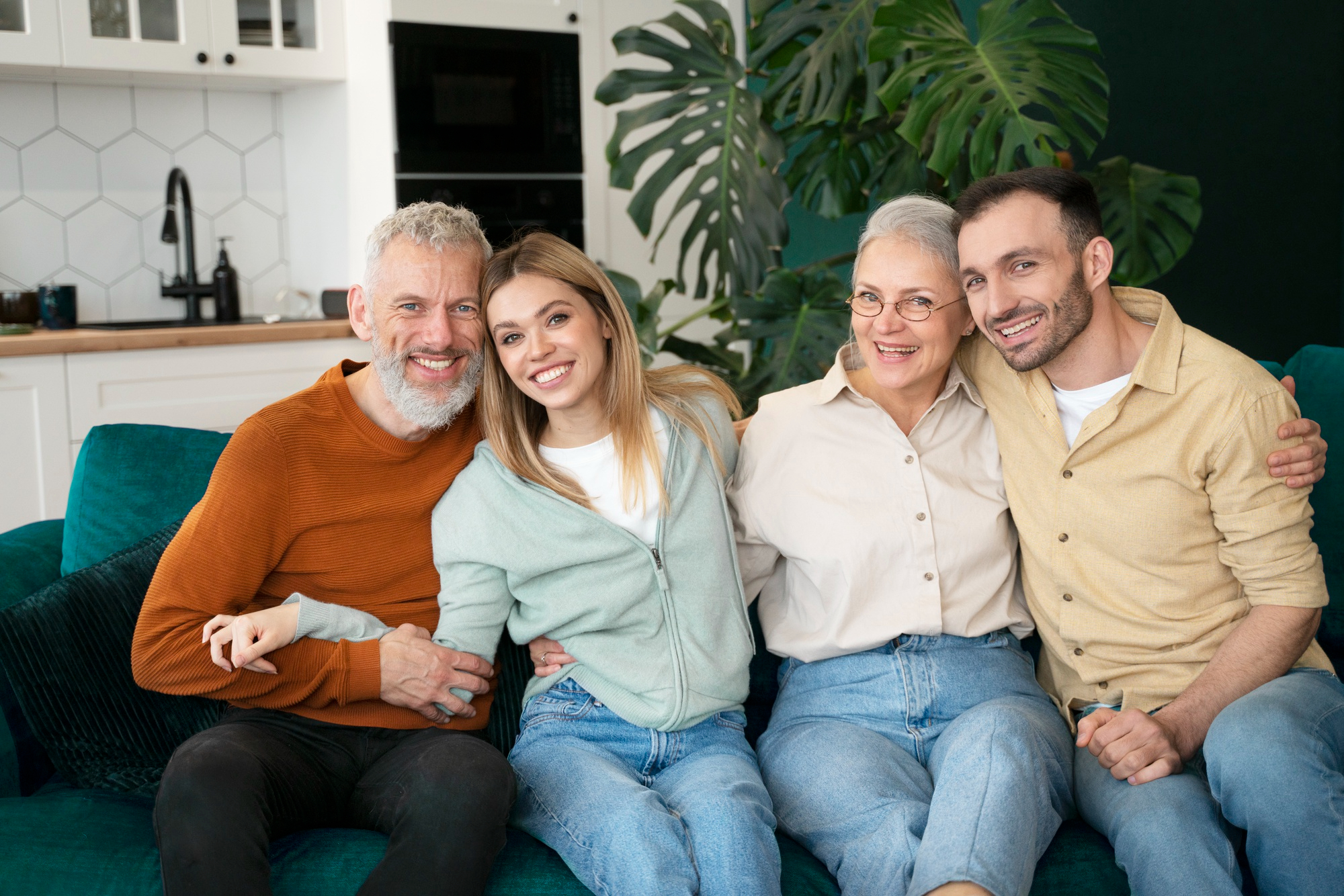 A happy older and younger couple sitting together | Source: Freepik