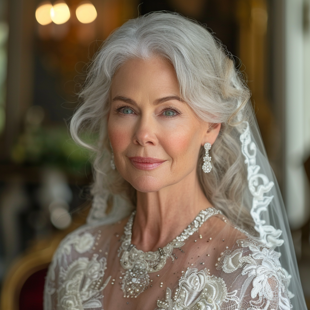 A smiling elderly woman in a wedding dress | Source: Midjourney