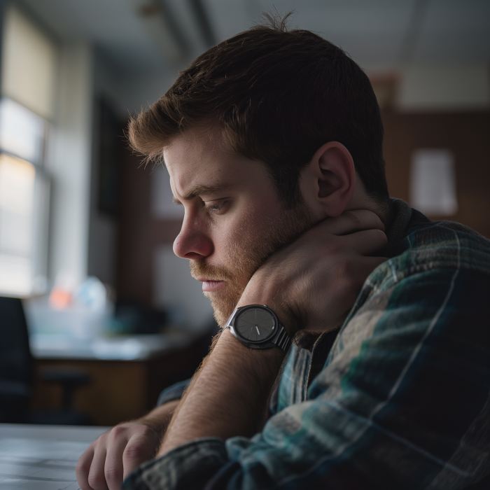 A depressed man sitting alone in his office | Source: Midjourney