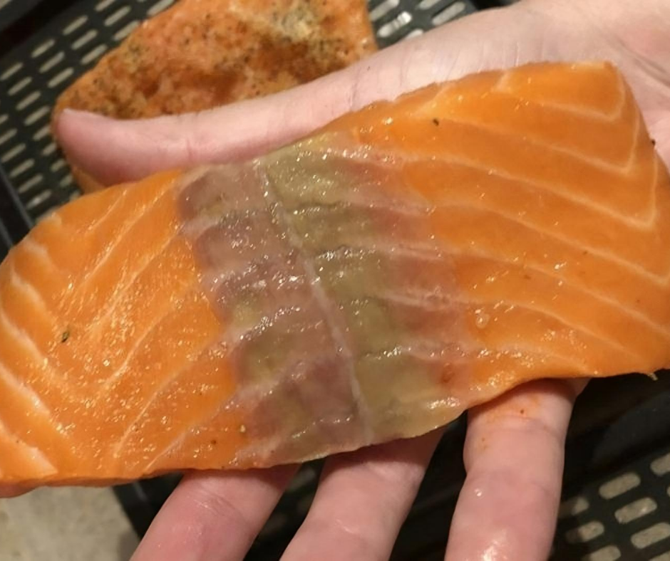 This explains why the salmon you defrosted has yellow on it. This explains why the salmon you defrosted has yellow on it.