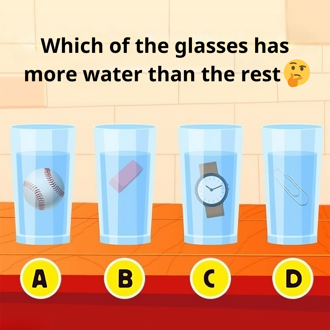 Which of the glasses has more water than the rest? Which of the glasses has more water than the rest?
