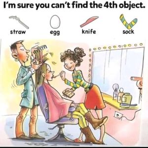 Find Straw, Egg, Knife, Sock.